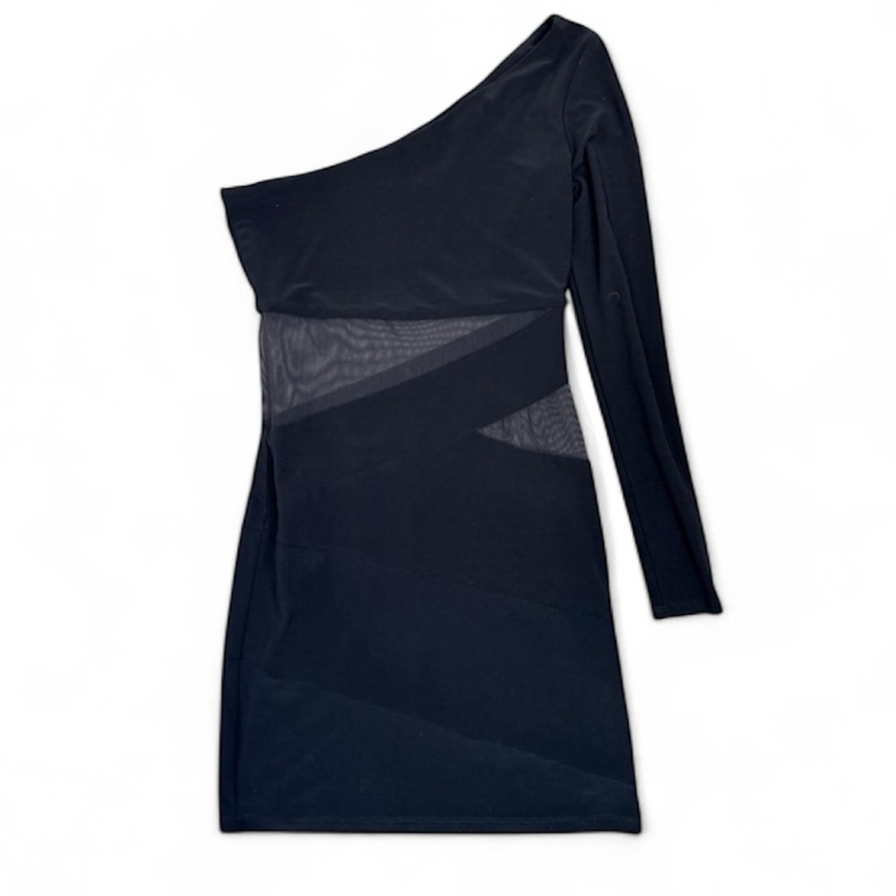 Arden B Dress Womens Size 2 Black One Shoulder Bodycon Mesh Panel Mini